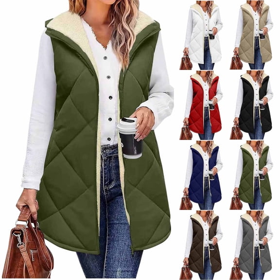 Hinvhai Long Cotton Jacket Women - Fleece Long Coats Zip Up Warm thermal Jacket Hooded Vest White XL(XL)