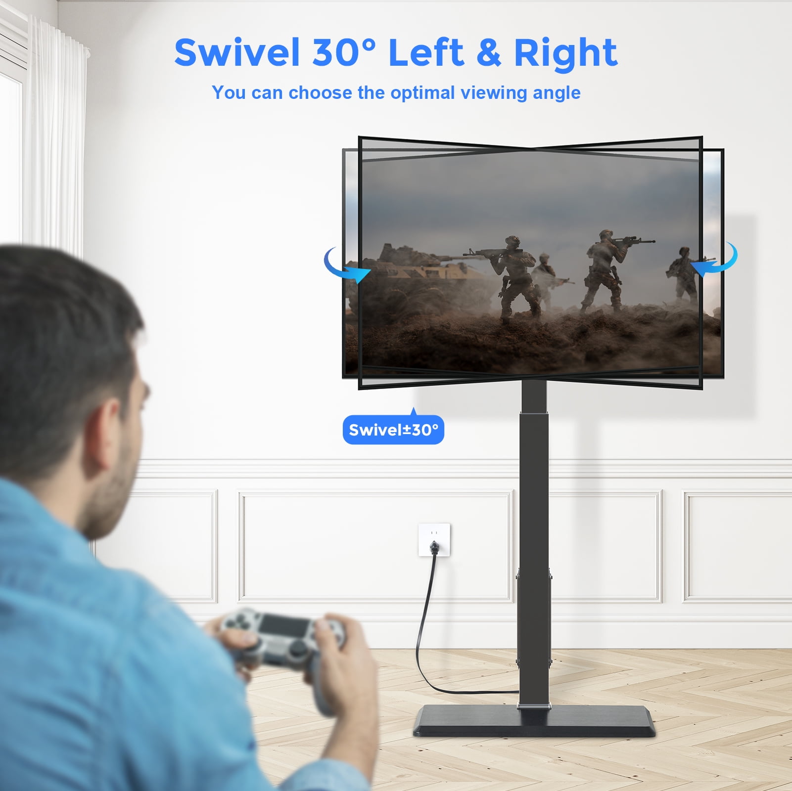 Universal Floor TV Stand,TV Floor Mount Stand with Power Outlet for 32-75 inch TV up to 110 lbs, Swivel and Height Adjustable Tall TV Stand for Bedroom,Office