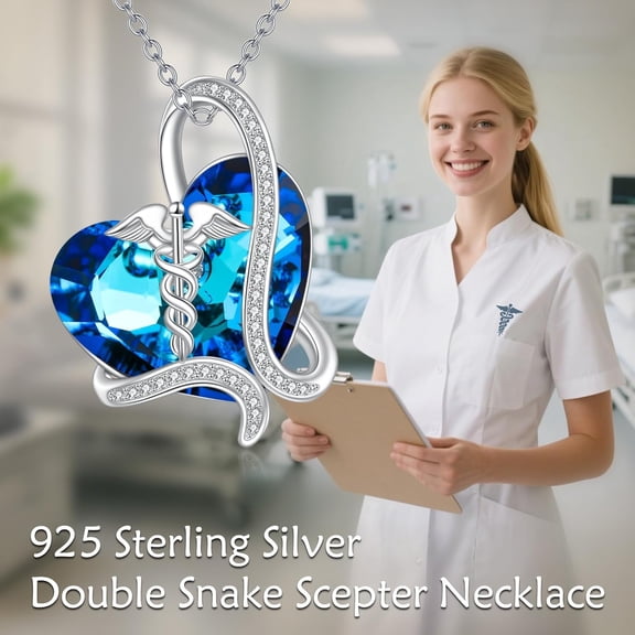 SISGEM Caduceus Necklace 925 Sterling Silver Nursing Medical Symbol Pendant Necklace with Crystal from Austria Graduation Jewelry Gifts for Women Nurses Doctor RN Student
