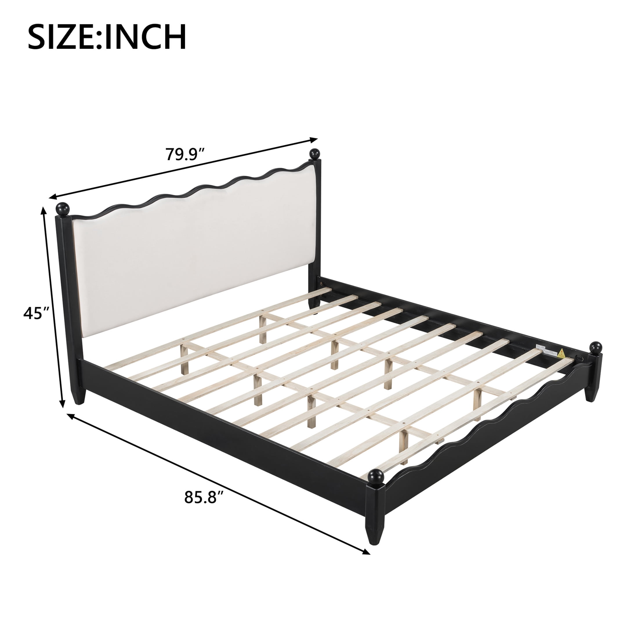 Noble House Lorven King Size Platform Bed with Scalloped Upholstered Headboard, Pine Wood Frame, Beige & Black