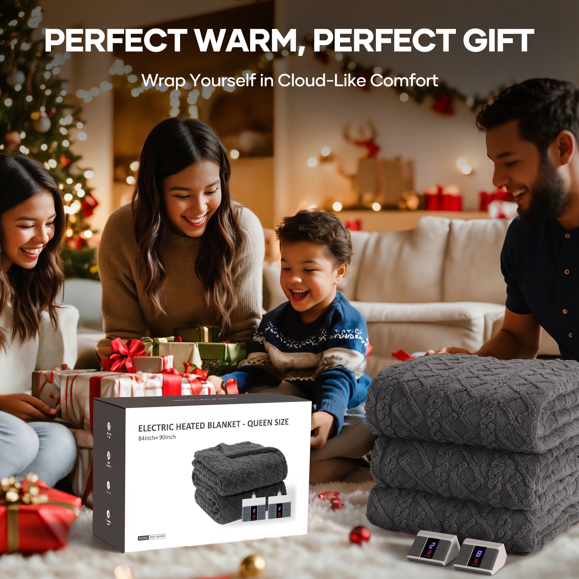 MaxKare Heated Blanket Queen Size Fast Heating Electric Blanket with Dual Controllers, 10 Heat Levels, 10H Timer, 84" x 90", Gray