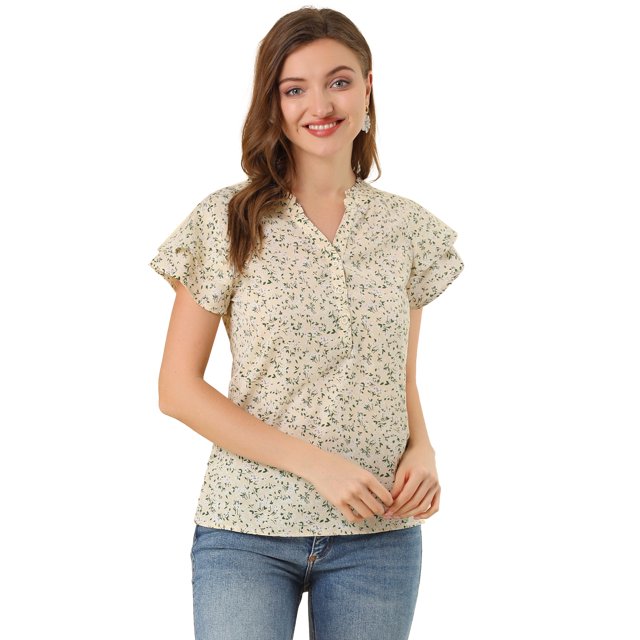 Blusa Informal Con Cuello En V Y Manga De Casquillo Superior Con Estampado Floral Para Mujer Amarillo L