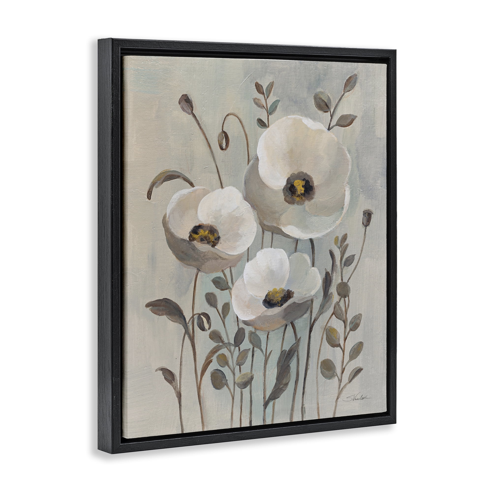 Stupell Industries Neutral Poppies Trio Plants & Flowers Painting Black Floater Framed Canvas Art Print Wall Art, 25 x 31