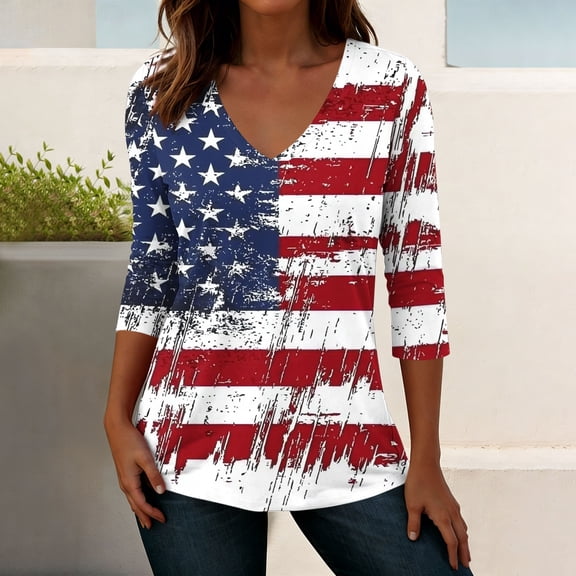 Xdegoge American Flag Shirt for Women V Neck Three Quarter Sleeve Grunge Vertical Stripes Stars Graphic Tee Casual 4th of July Holiday Festival Patriotic Tops