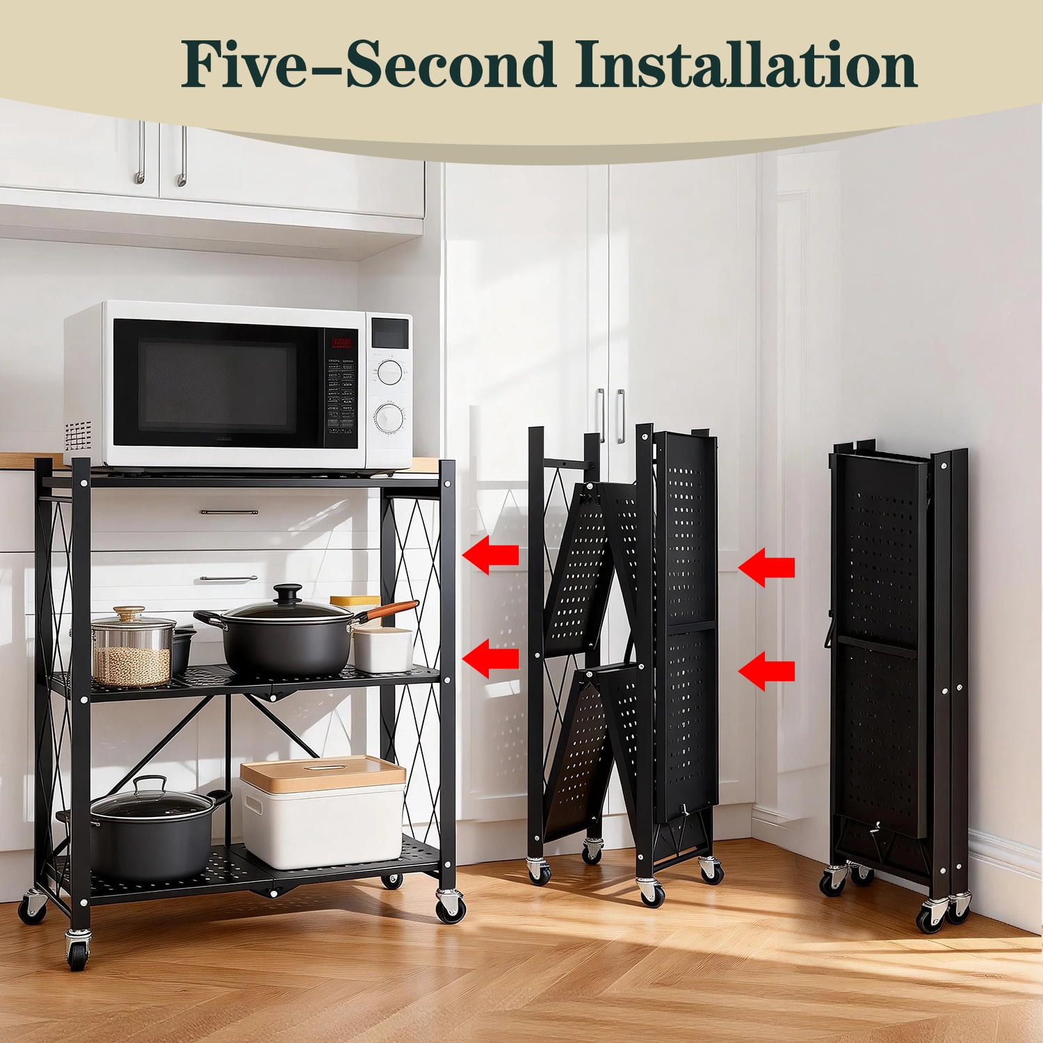 TAIMASI 3-Tier Foldable Metal Shelf with Wheels, Heavy-Duty Movable Wire Rack for Garage, Kitchen, Basement, Pantry Storage, 28''L x 13.4''W x 34.7''H-Black