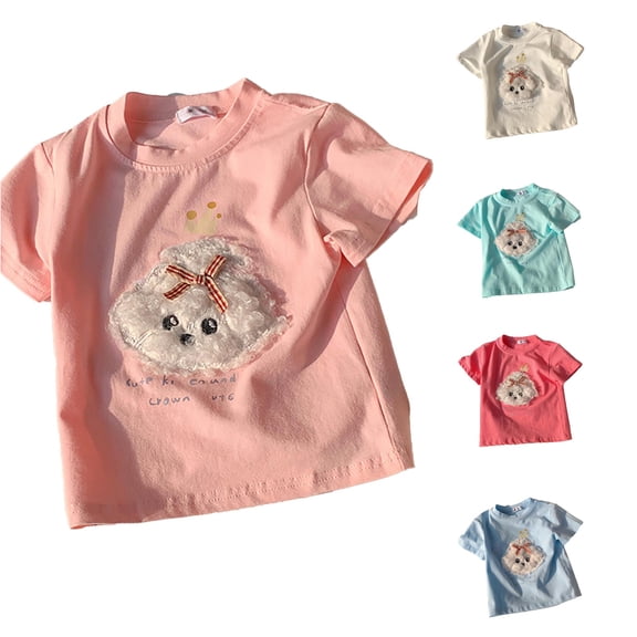 SGMVNU Summer Cotton T Shirts for Girls 3D Puppy Dogs Applique Short Sleeves Casual Tee Soft Comfort Clothes, Size 5-6 Years, Pink