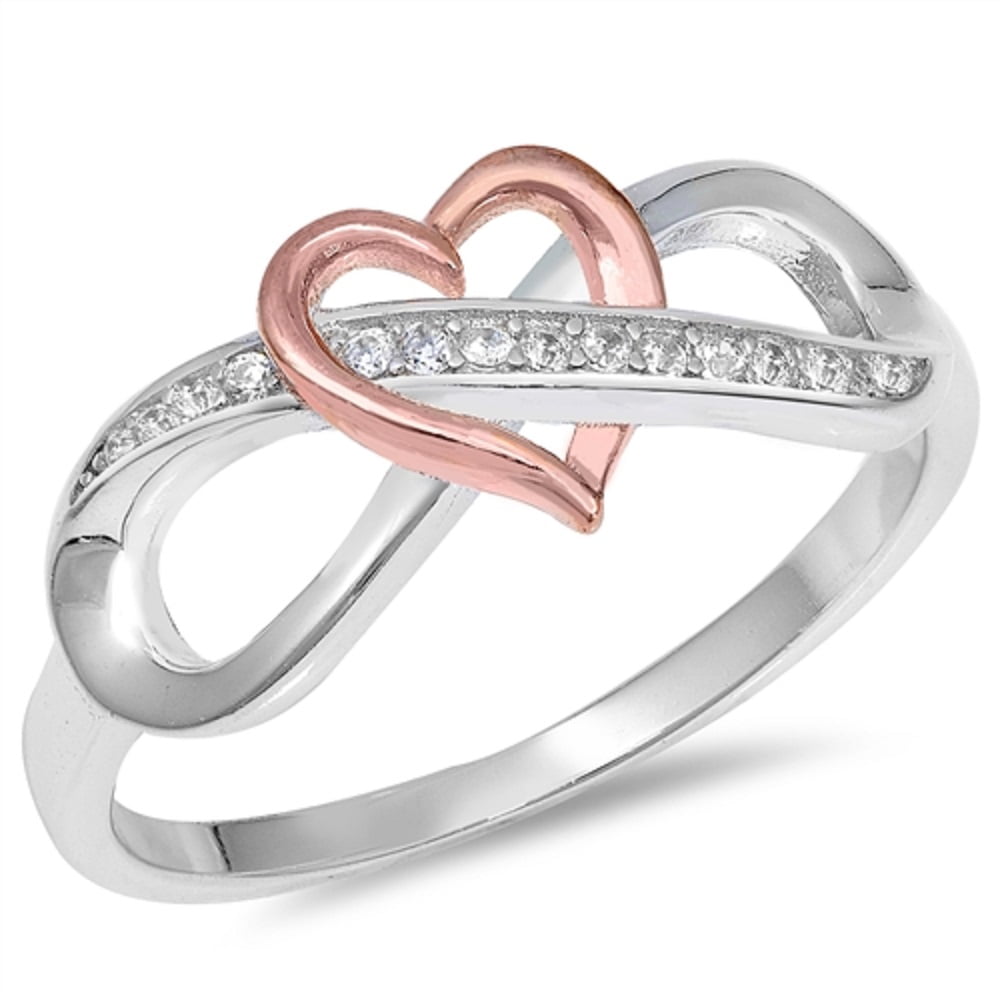 Heart Ring Sterling Silver 925 Rose Gold Plated Clear CZ Face Height 6 mm Size 5