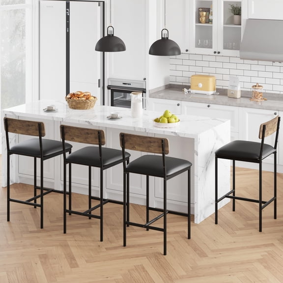 FOLDLIFE Bar Stools Set of 4,Upholstered Counter Height Bar Stools with Backrest and Footrest,Kitchen Barstools for Island,Counter Bar, Easy Assembly,Rustic Brown