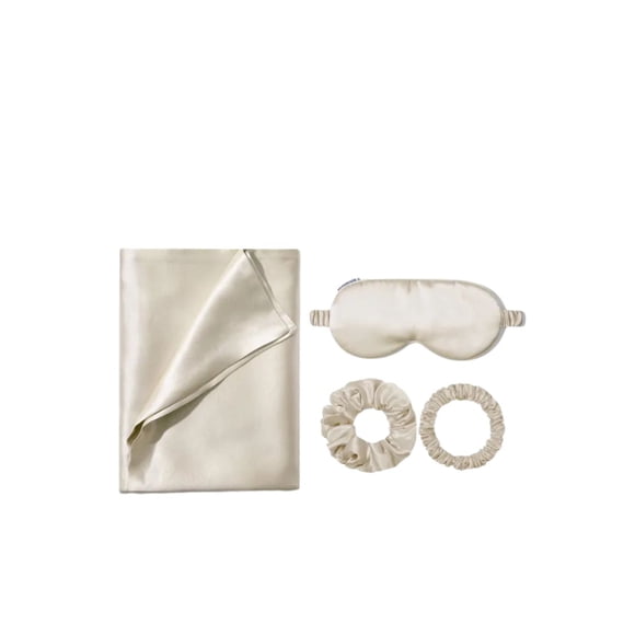 Set de Funda de Almohada de Satín 50 x 70 cm con Antifaz Contorneado y 2 Scrunchies Beige Protección para Cabello y Piel