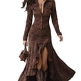 thumbnail image 5 of Women Brown Suede Western Two Piece Outfit Button Down Shirt Ruched High Slit Flowy Maxi Skirt Set, 5 of 5