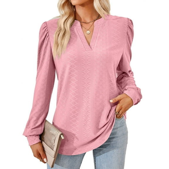 Blouses for Women Dressy Casual V-Neck Long Sleeve Womens Tops with Puff Sleeves Pink Xl