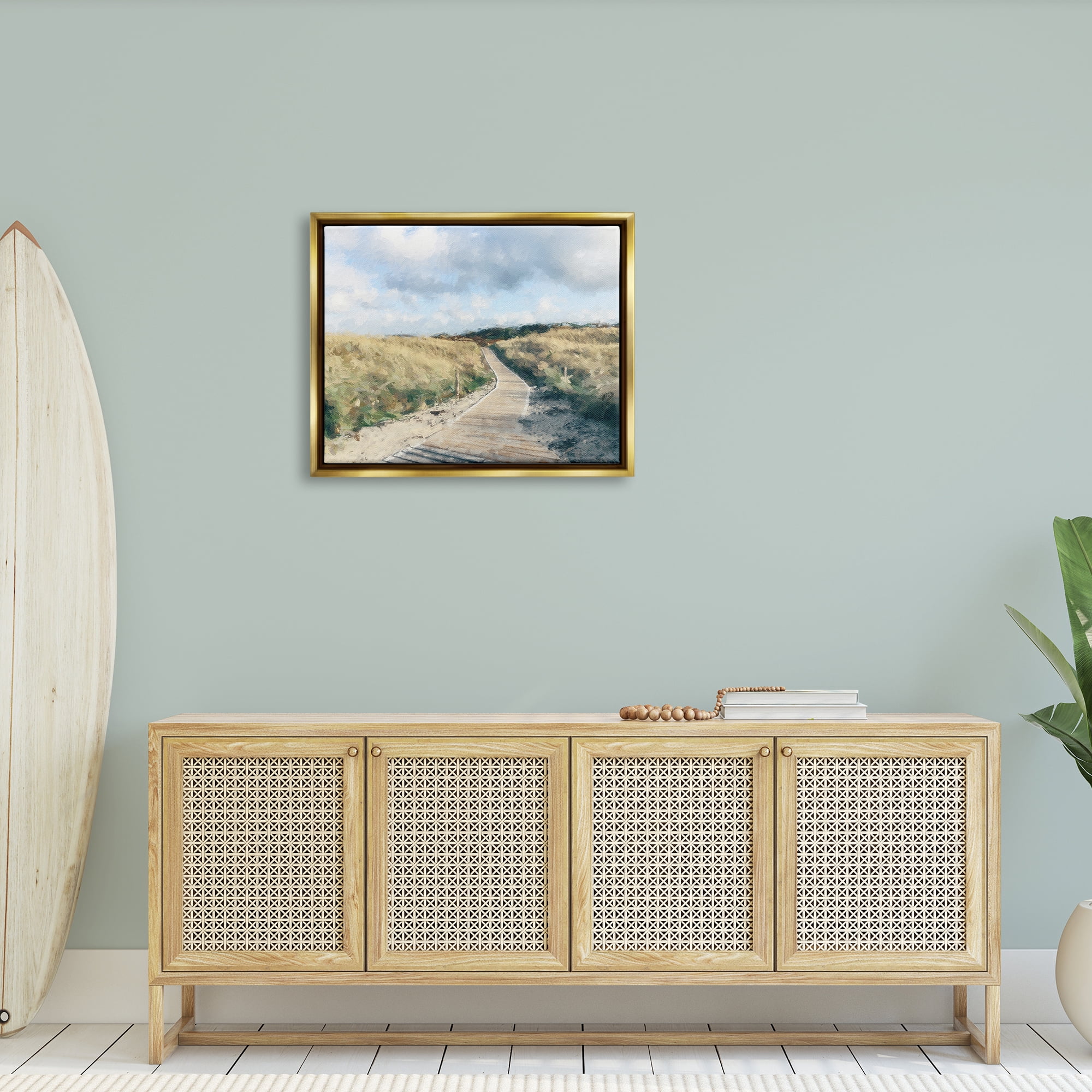 Stupell Coastal Boardwalk Path Landscape Landscape Painting Gold Floater Framed Art Print Wall Art