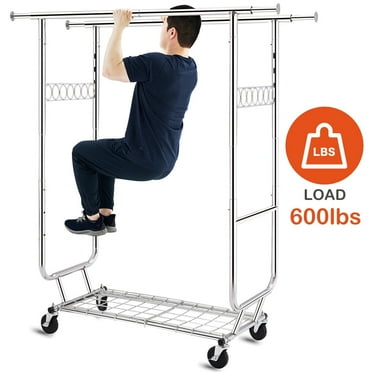 HOKEEPER 600 lbs Commercial Grade Heavy Duty  Garment Rack with Shelves Collapsible Clothing Racks on Wheels Rolling Clothes Rack for Hanging Clothes Portable  Adjustable, Chrome Finish