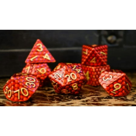Galactic Dice Premium Dice Sets - Red & Gold Dragon Scale Metal Set of 7 Dice with Tin