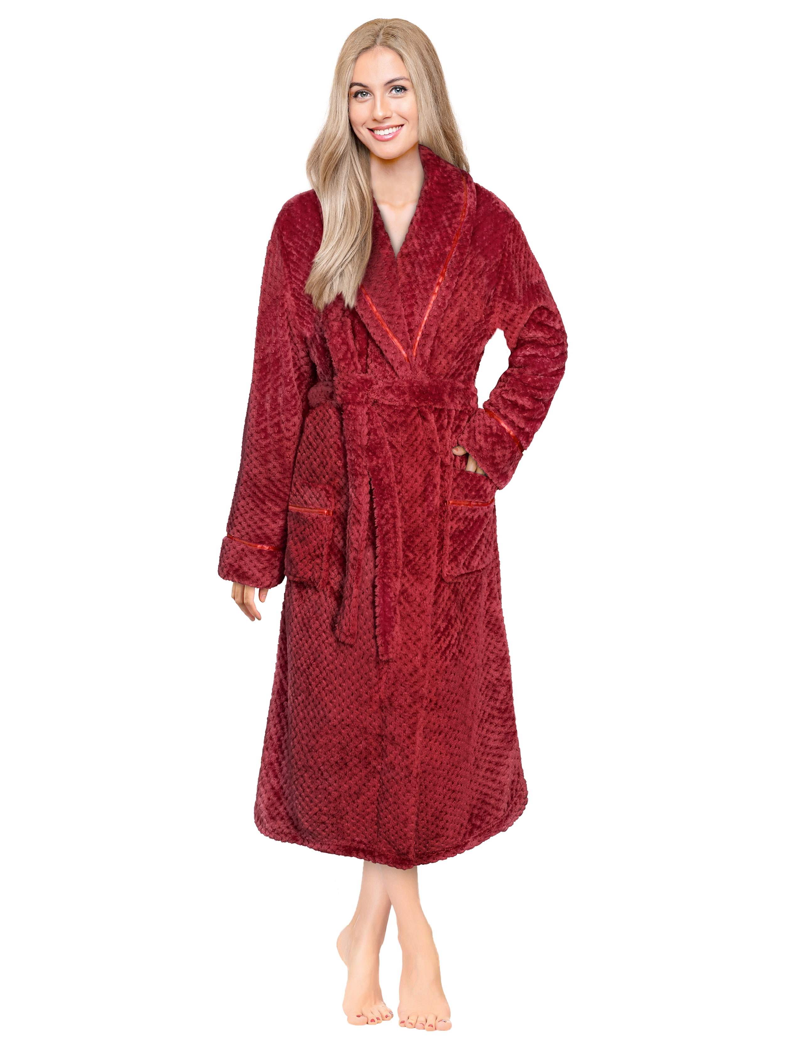 PAVILIA Women Plush Fleece Robe, Maroon Red Tan Soft Textured Bathrobe