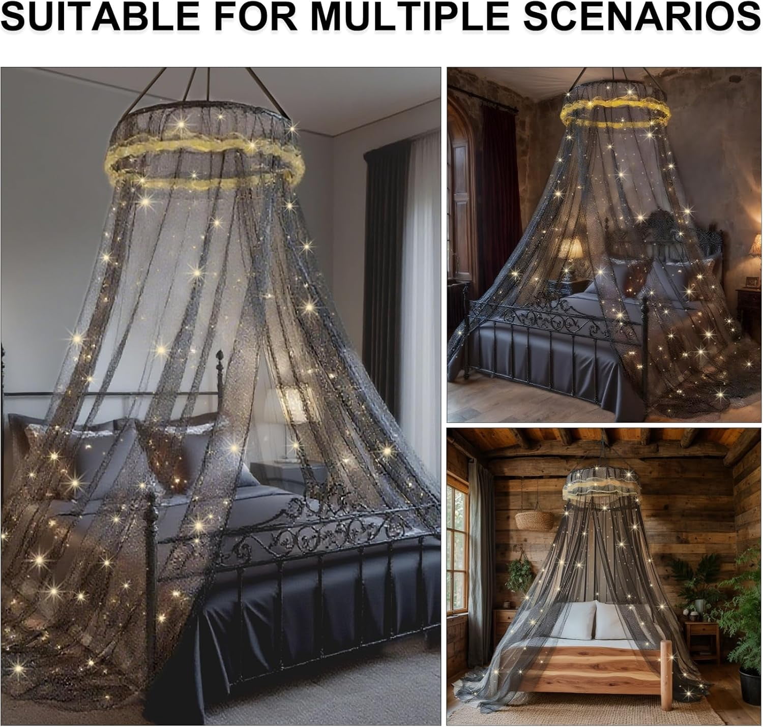 Bed Canopy with Lights for Girls, Decorate Led Lights Bed Canopy Netting Mosquito Net, Home Decor for Twin, Full, Queen - Black