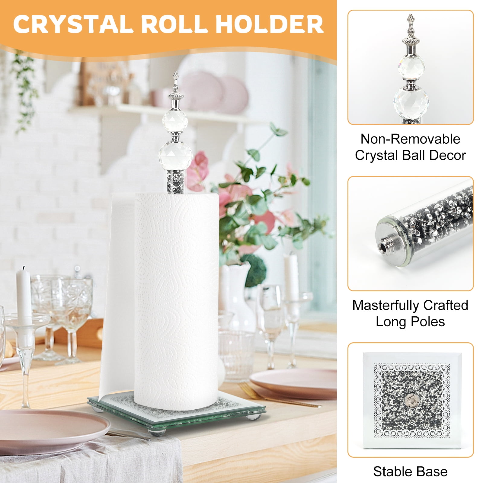 Wanchiy Paper Towel Holder – Crystal Glass with Sparkly Crushed Diamond Effect, Countertop Stand for Kitchen & Bathroom,Gold,Silver,Black