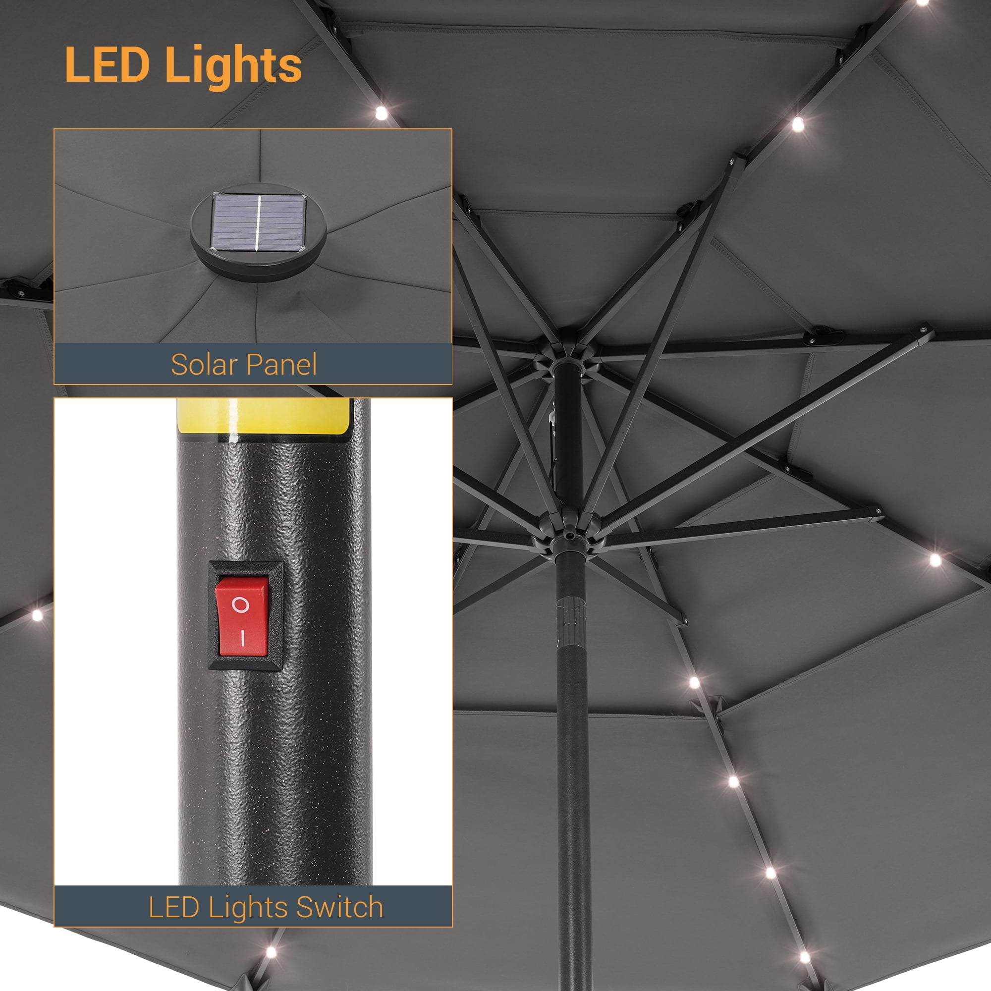 ACEGOSES 10ft LED 3 Tiers Patio Market Umbrella Outdoor with Ventilation for Garden, Deck and Pool,Gray