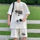 thumbnail image 3 of Chándal informal de moda de gran tamaño de verano, traje holgado para correr con diseño de gofre, camiseta holgada de manga corta y pantalones cortos deportivos, conjunto de 2 piezas para hombre, 3 of 5