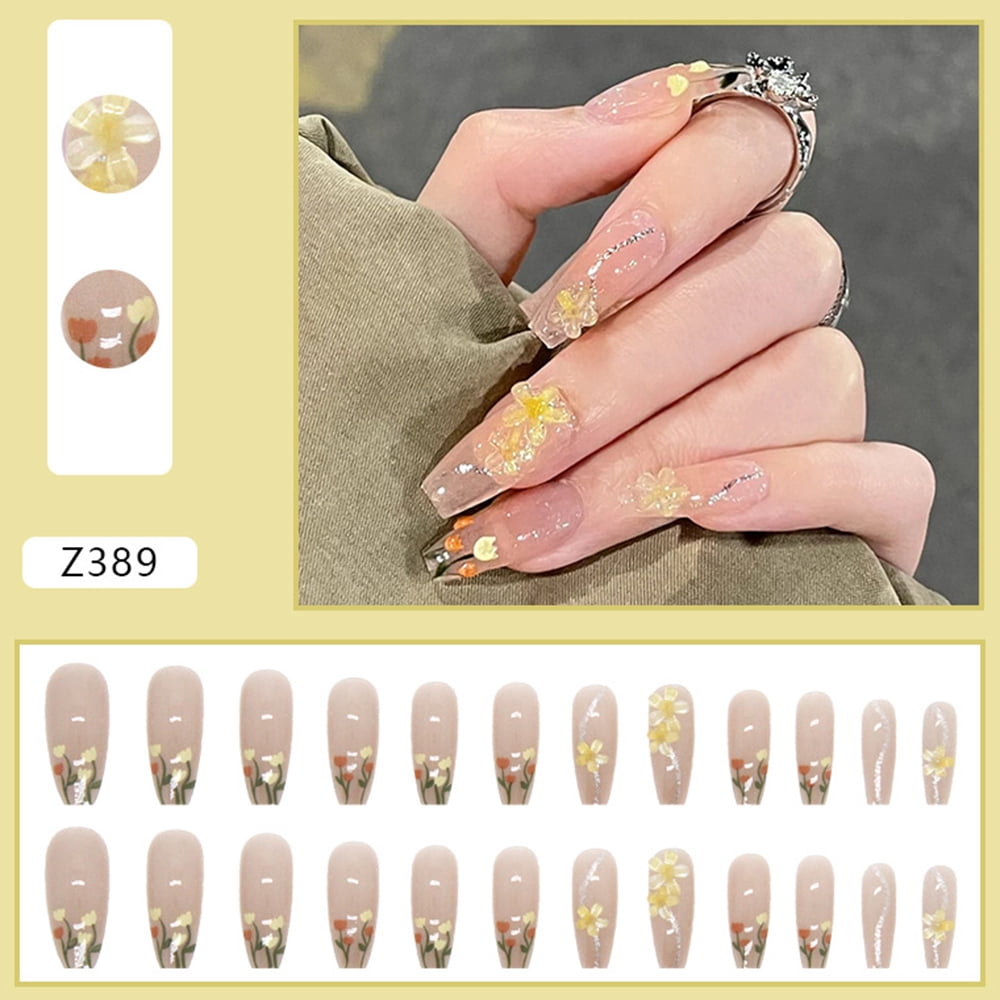 24Pcs Glossy False Nails Fresh 3D Yellow Flower Fake Nails for Women