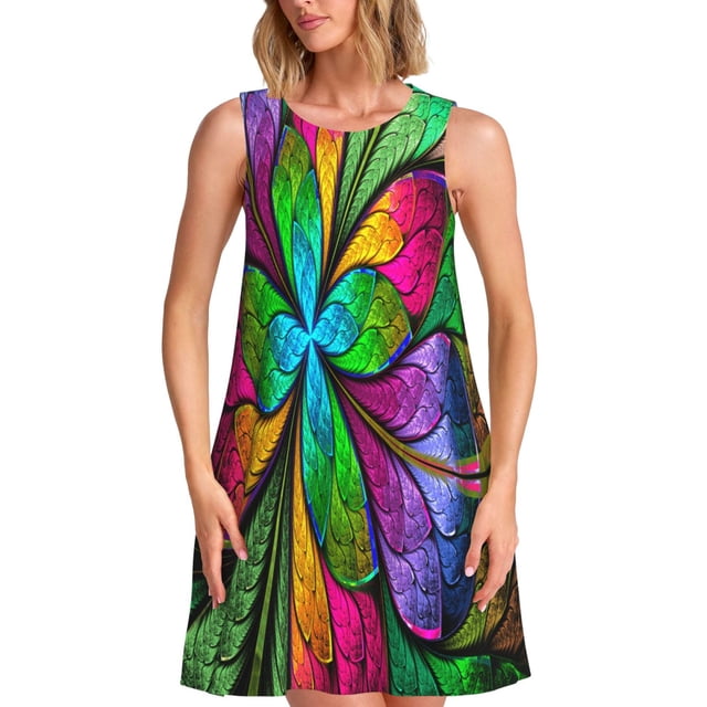 Fotbe Multicolored Beautiful Flower Vestido de Verano sin Mangas para Mujer – Vestido Midi Línea A, Estilo Camiseta Floral, Vestido Playero Casual y Fluido