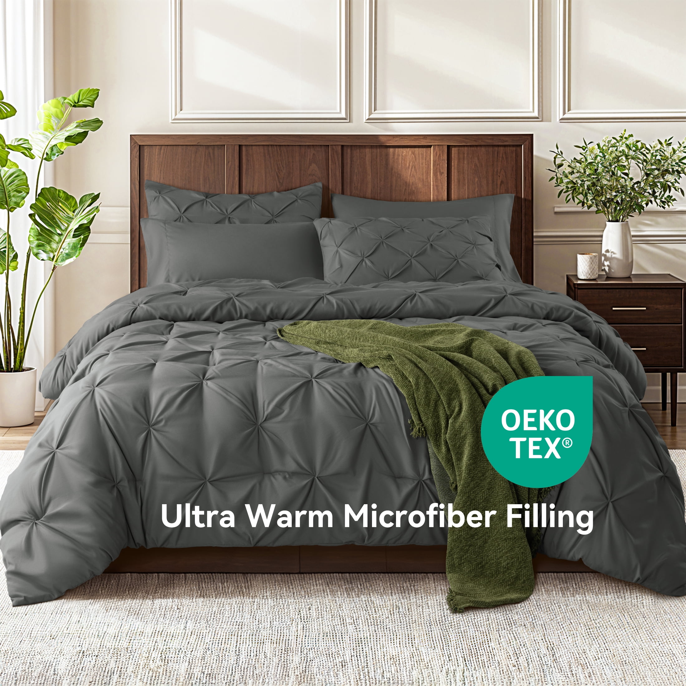 SONORO KATE Twin Comforter Set, 5 Pieces Bedding Sets for All Season, Bed in a Bag with Pleated Comforter - Flat Sheet & Fitted Sheet - Pillowcases & Shams, Dark Gray