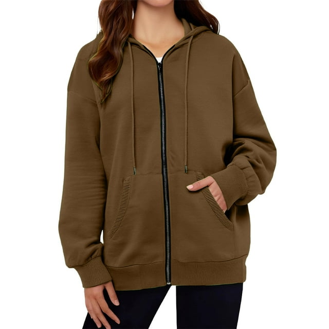 Pocket Long Sleeve Hooded Threaded Sweater Ladies Zipper Top