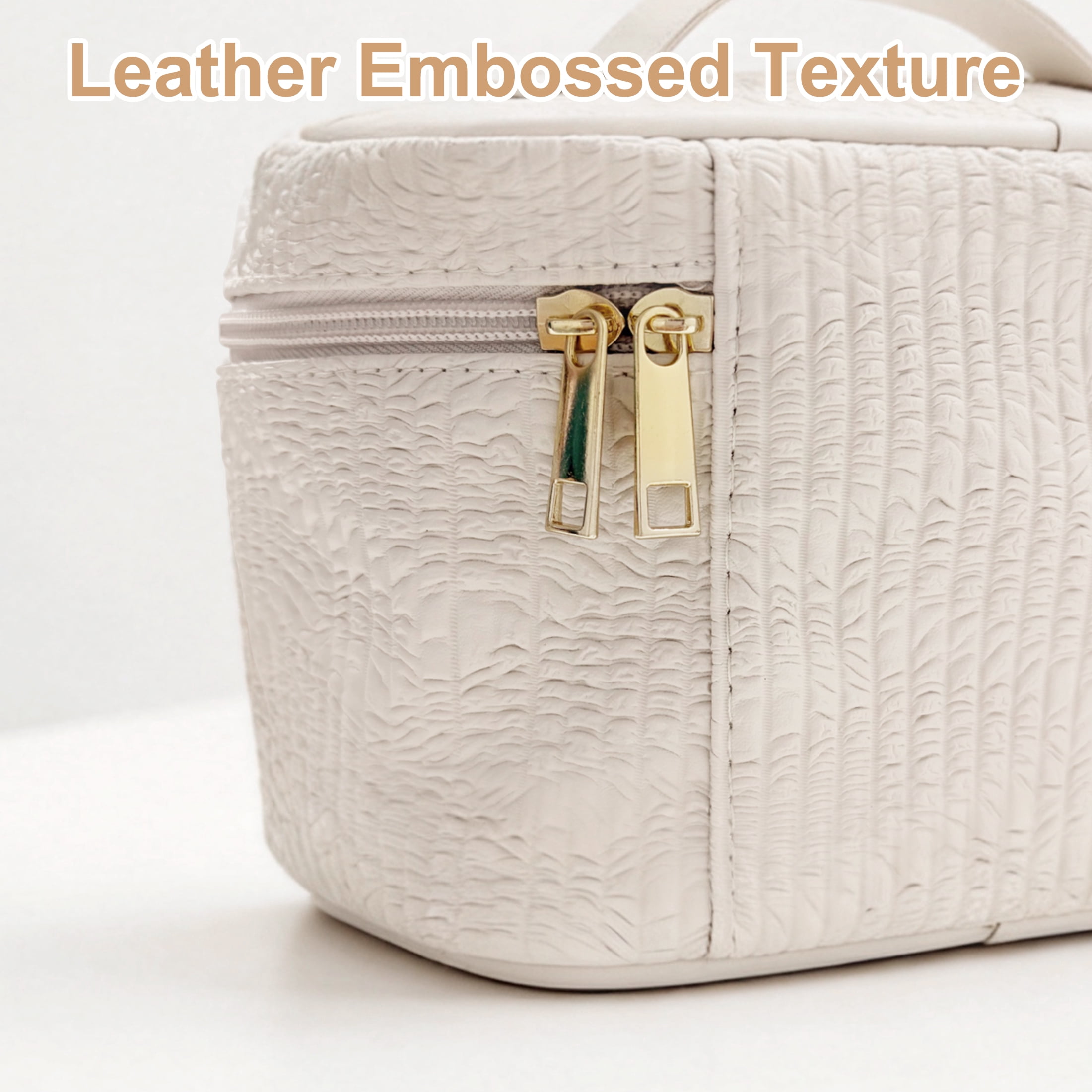 GARITIN Makeup Bag, Large Capacity Travel Cosmetic Organizer with Brush Slots, Toiletry Bag for Women, Quilted Leather Embossed, Off-White