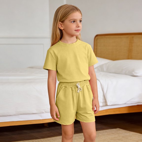 DJDLJWCJ 2 Piece Girls Outfit Sets Crewneck Summer Graphic Tee and Elastic Waist Sleep Shorts Set Yellow Size 4T
