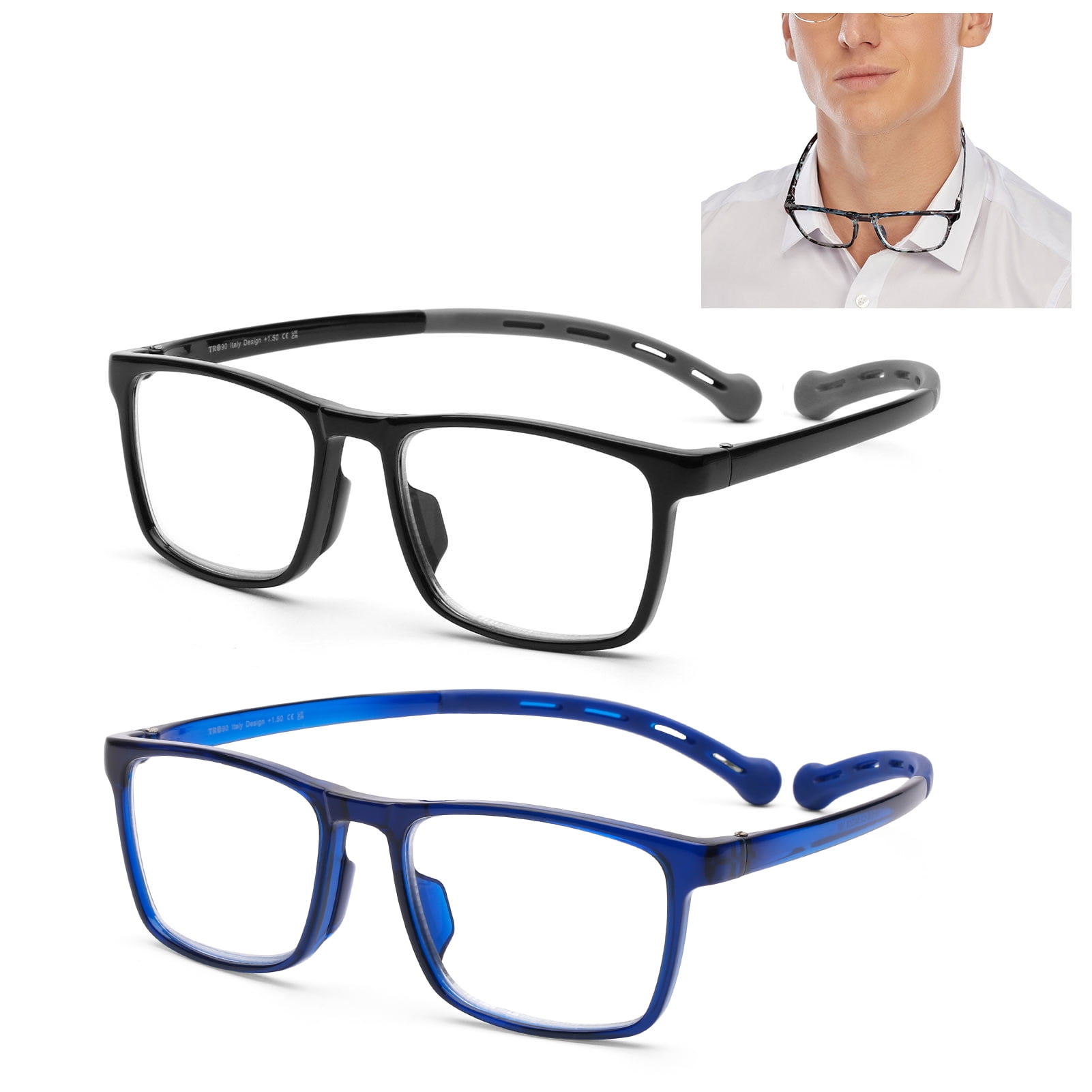 2 Pack Reading Glasses for Women Men Neck Hanging Computer Blue Light Block Durable Flexible TR90 Ultra-light Readers Anti Glare UV400 Lens, 1.25
