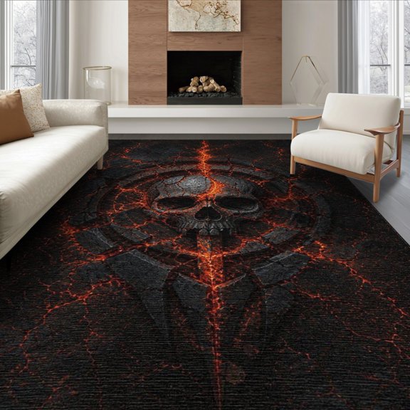 ODIKA 8'x10' Washable Area Rug Vivid Orange Black Gothic Skull Cracks Design Intricate Geometric with Fiery for Living Room, Under Sectional, Family , Durable, Non-Slip