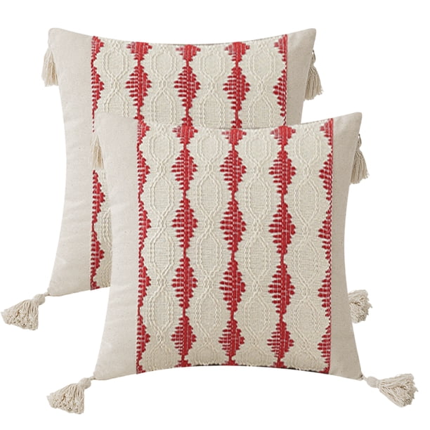 Fundas de almohada de 18 x 18, juego de 2, fundas de almohada de estilo rústico con borlas y textura de rayas, fundas de almohada neutras