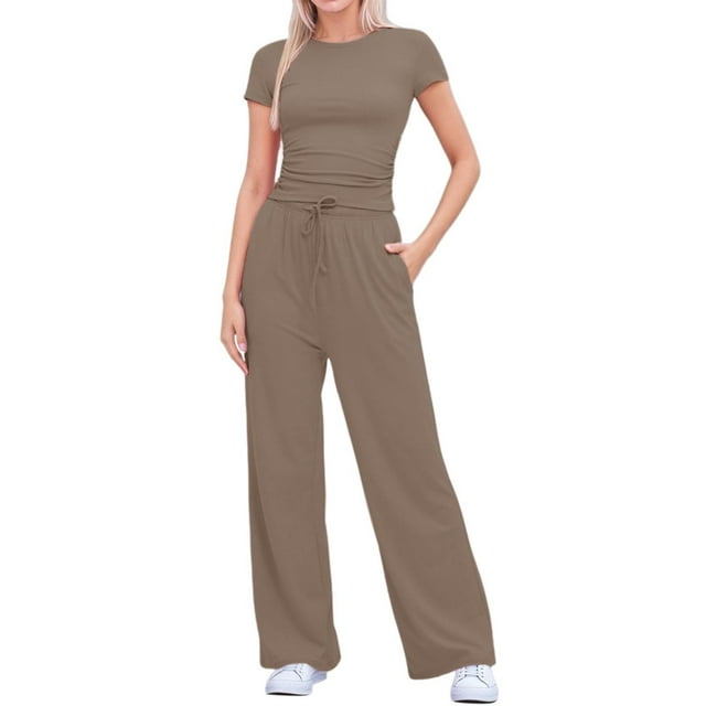 2 Piece Sets For Women Summer Travel Vacation Outfits Workout Ruched Tops Wide Leg Pants Sets