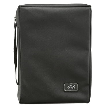 Christian Art Gifts Men or Women's Bible Cover Secure Zipper Jesus Fish, Black Canvas, Medium