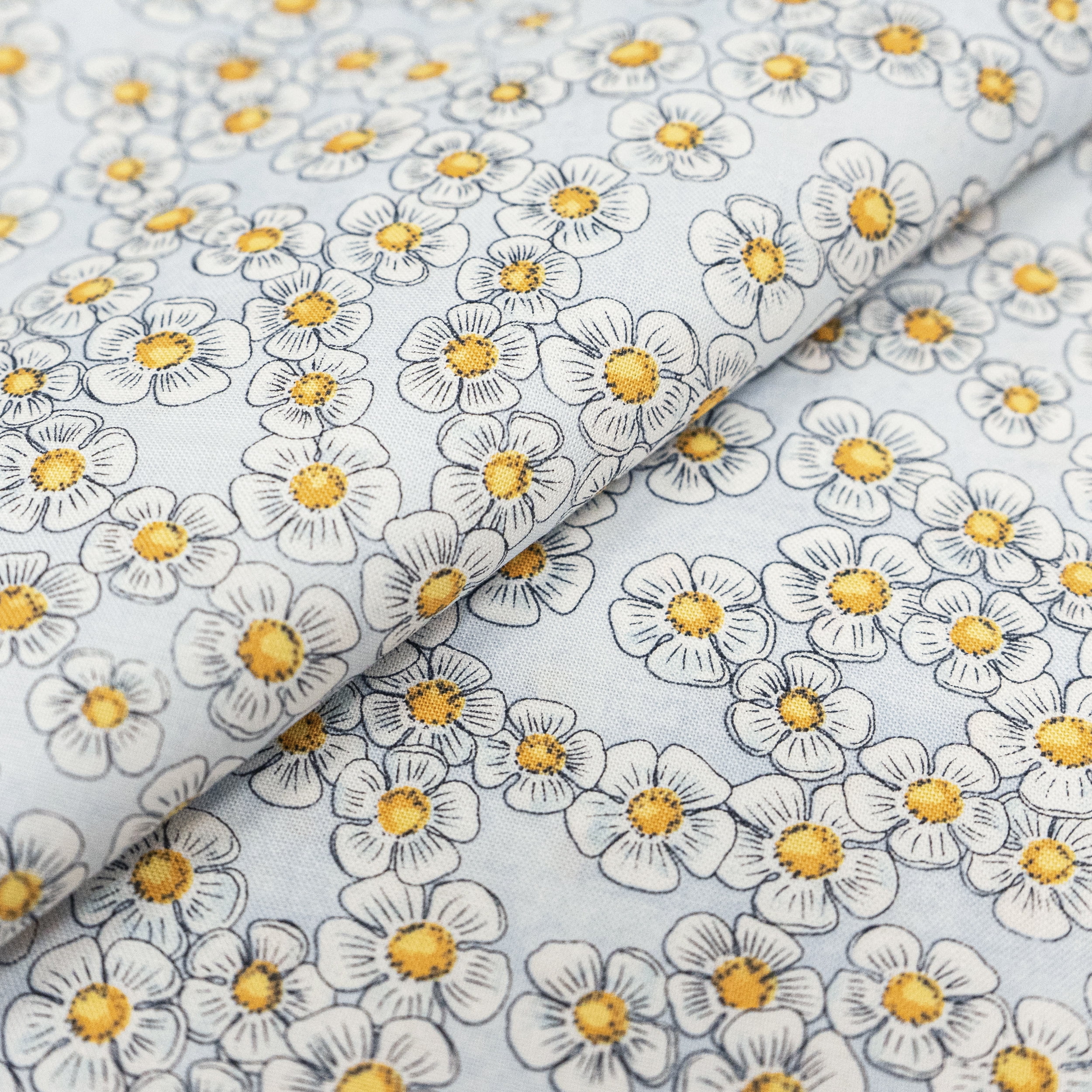 Singer Print Fabric, 100% Premium Cotton, Sewing Quilting, 44 inch, Yellow And Gray Flower On Blue 3 Yard Cut