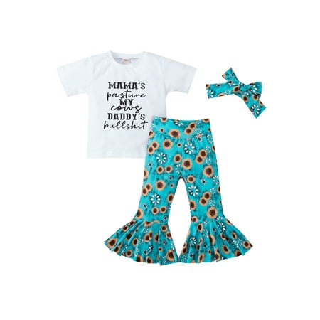

Nokpsedcb Kids Little Girls 3Pcs Outfits Short Sleeve Letter Printed T-Shirt + Sunflower Printed Flare Pants + Headband White 5-6 Years
