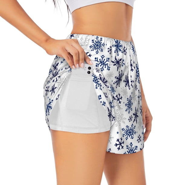 Balery blue Snowflake Prints Pantalones cortos deportivos para mujer con forro y dos bolsillos, elásticos, para entrenamiento, gimnasio, yoga-Small