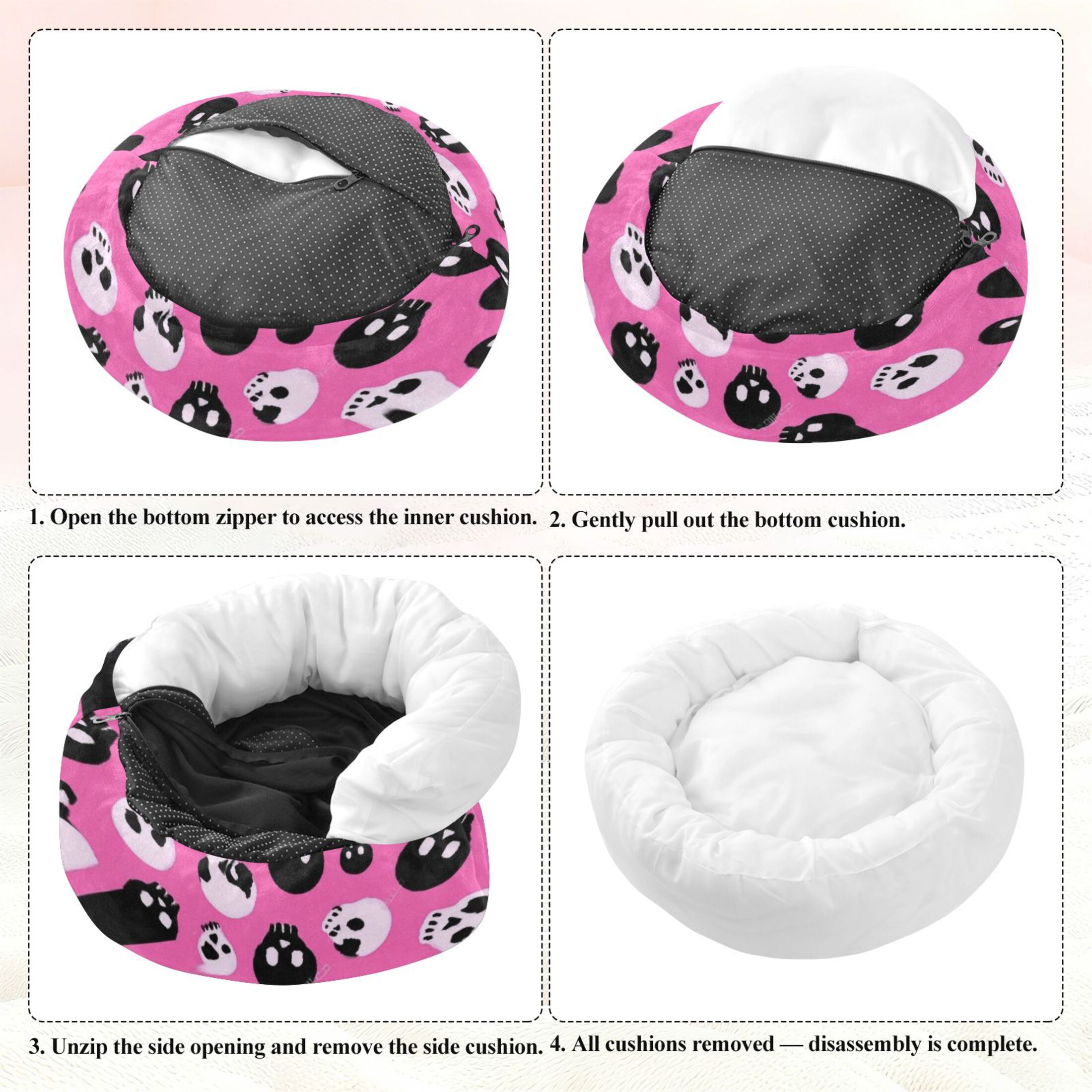 Iauyy Pet Couch Donut Cat Bed for Indoor Cats/Small Dogs Washable & Machine with Non-slip Bottom Calming Cat Furniture, Black Cartoon Skull Pattern (S)