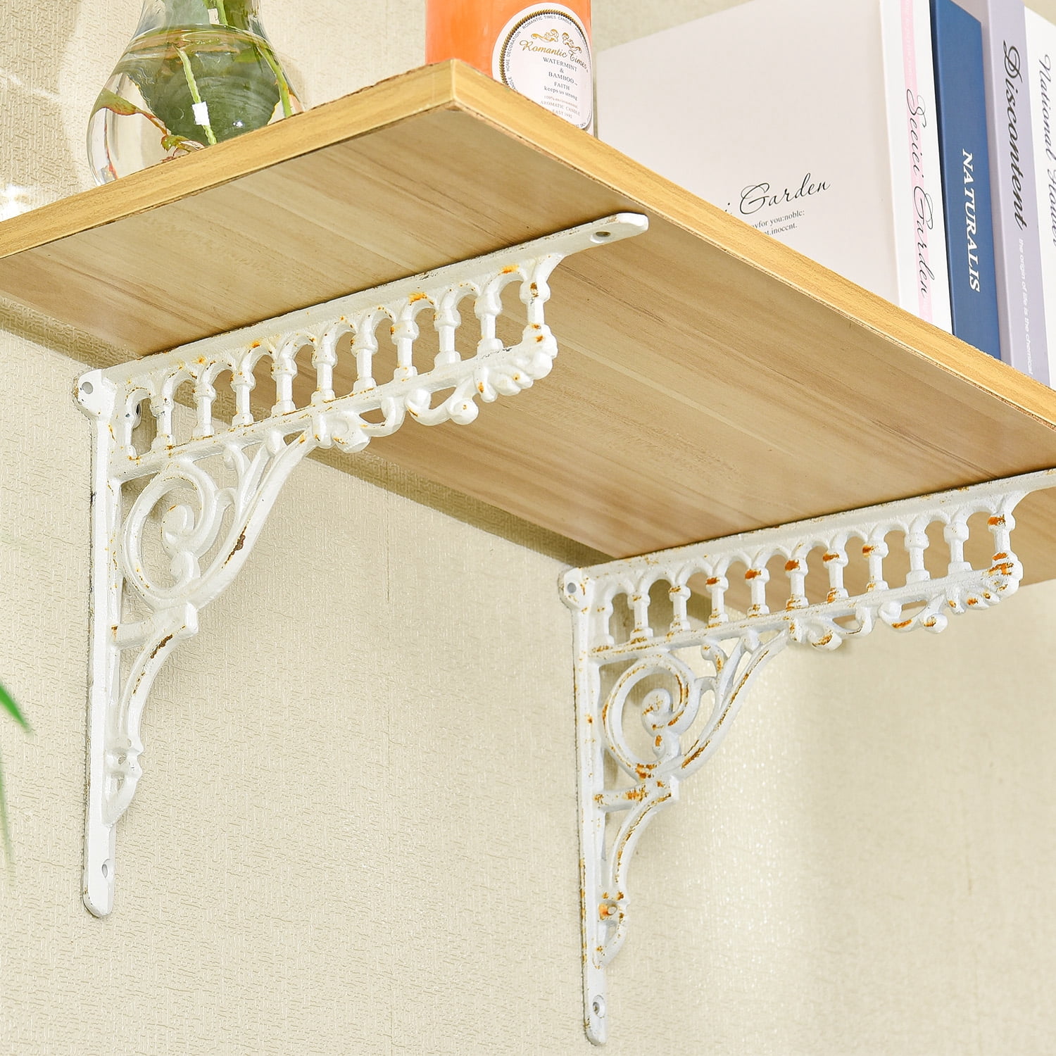 Sungmor 10.6 Inch Cast Iron White Brackets for Shelves, 2PC Vintage Decorative Angle Support Doorway Bracket, Shelves Corbels, Wall Mounted Floating Shelf Bracket
