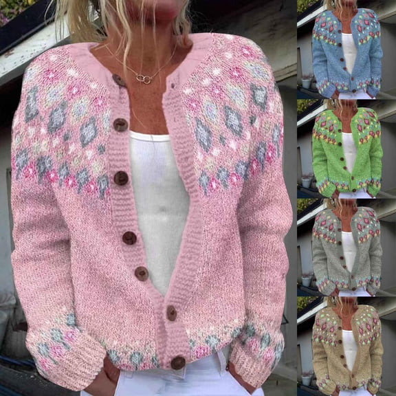 Bxsruta Womens Button Down Cardigan Long Sleeve Knit Sweater Crew Neck Casual Fall Outerwear