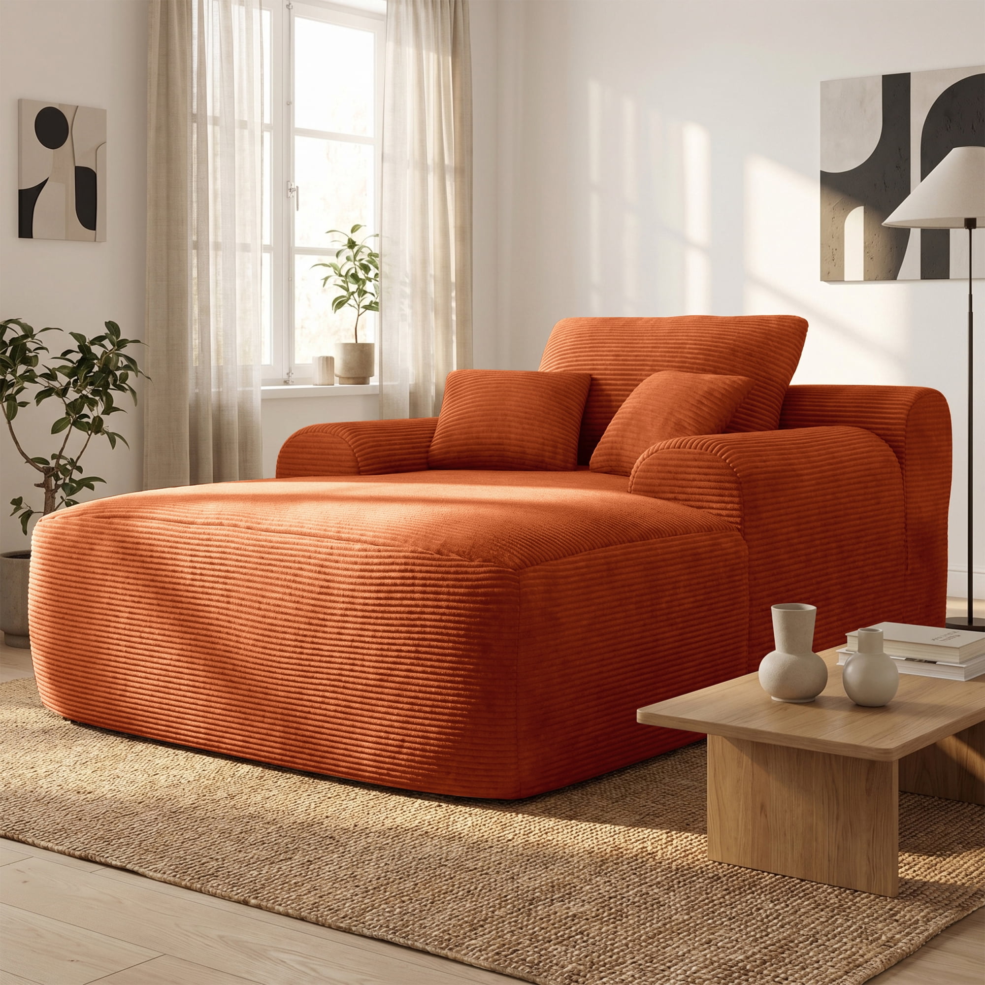 Leumius Oversized Chaise Lounge Chair Indoor, Cozy Boneless Sleeper Sofa Bed with Wide Armrest & Throw Pillows for Living Room,Bedroom,No Assembly Required,Orange(Corduroy)