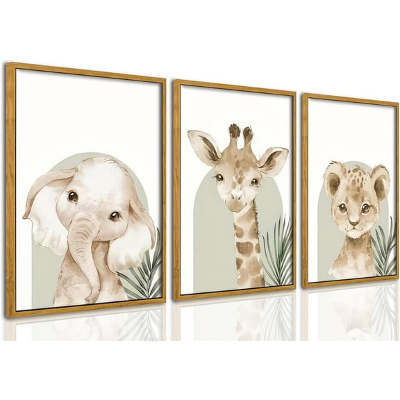 Hieng Nursery Canvas Wall Art Set Of 3 Baby Boy Girls Kids Room Picture Wall Decor Jungle Safari Lion Elephant Giraffe Poster Painting Cute Animal Prints For Children Toddlers Bedroom
