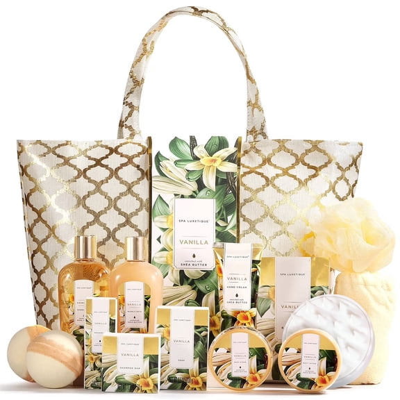 Spa Luxetique Gift Sets for Women - 15 Pcs Vanilla Scent Birthday Valentine's Day Gifts Bath Baskets for Her