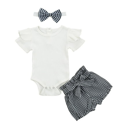 

BIZIZA Baby Girl Outfit Set Plaid Shorts Short Sleeve Headwear 3-Piece Ruffle Bodysuit 0-2Y Toddler White 70