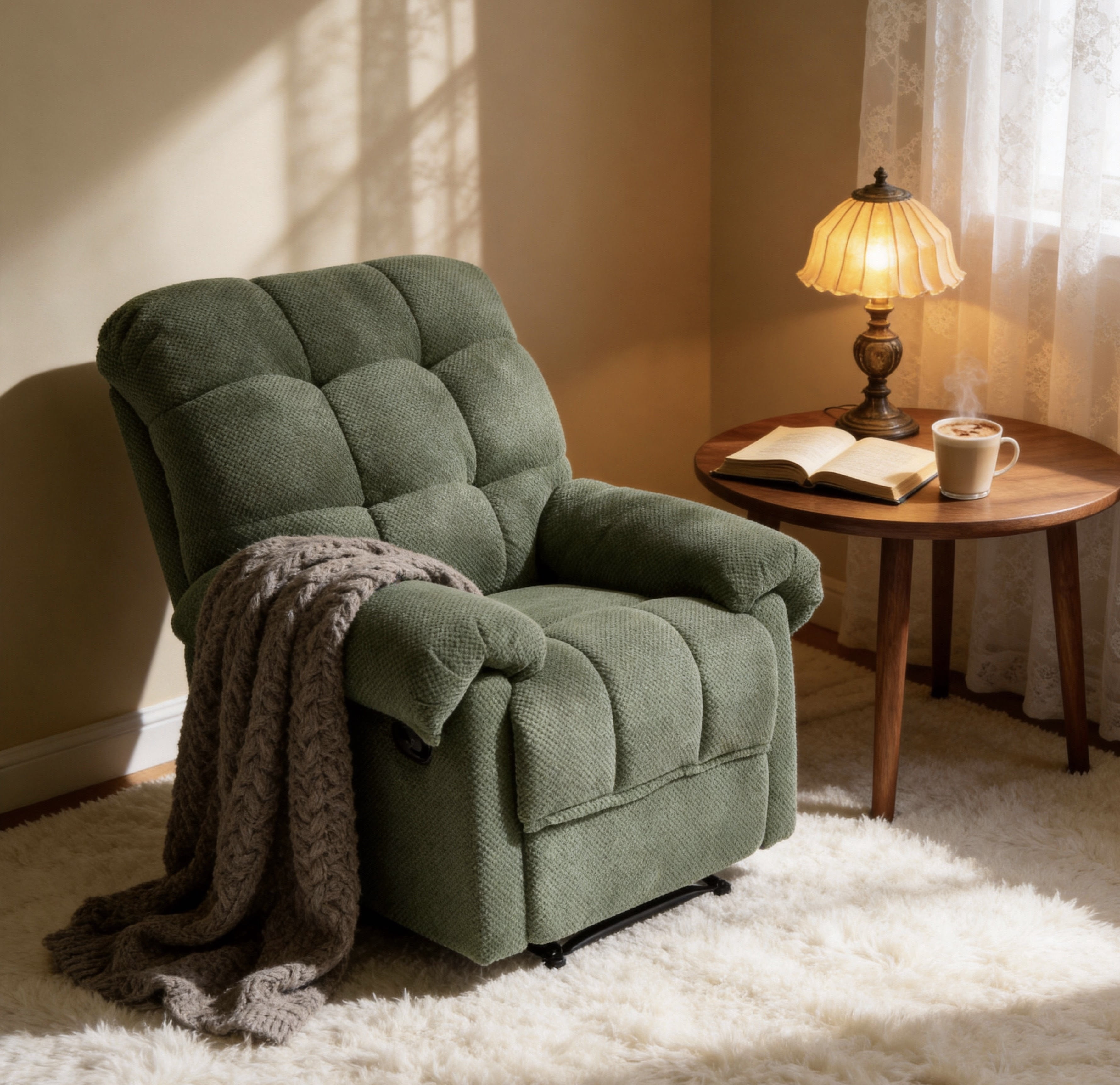 Overstuffed Recliner Chair with Manual Push-Back Recline, Plush Padded Armchair with Footrest, Ergonomic Lounge Chair for Living Room, Home Theater, Army Green