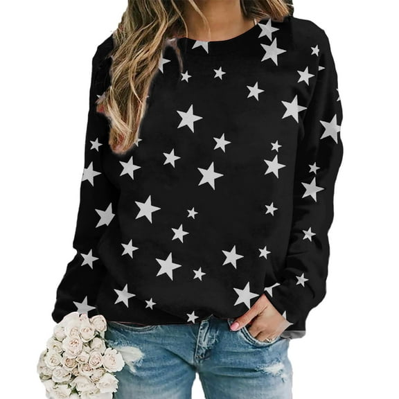 Black Womens Fall Tops Women's Star Print Hatless Sweatshirt Long Sleeve Fashion Top Sweatshirt Loose Pullover Top Sweaters for Women