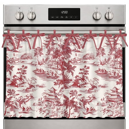 Farmhouse Oven Skirt Curtain Red Garden Retro Oven Curtain Tie Top Modern Art Building Tree Boat Stove Skirt Curtains with Ties&Ruffle Trim Dishwasher Skirts Curtains Cover for Cabinet 32 x24