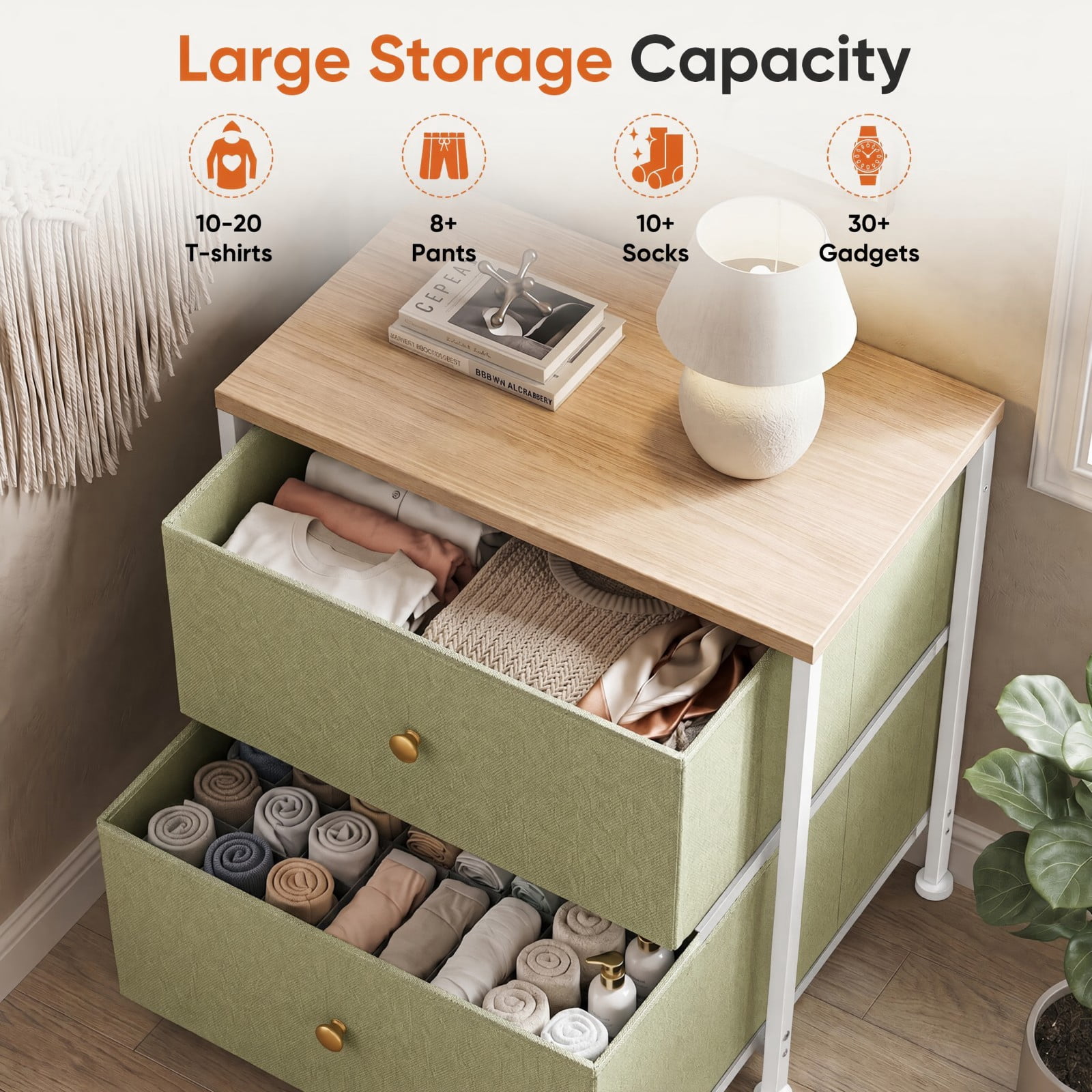 Telyra Fabric Nightstand with 2 Drawers 20" Bedside Table with Wood Top and Steel Frame Small Storage Organizer, Light Green