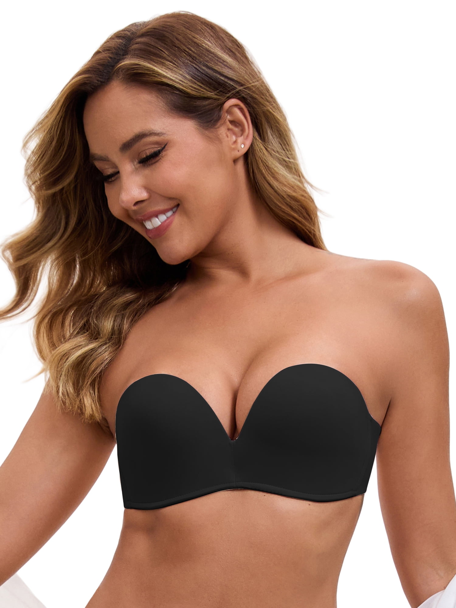 DARING DIVA Women's Deep V Strapless Wireless Demi Bandeau Top Push-Up Bra 34B Black