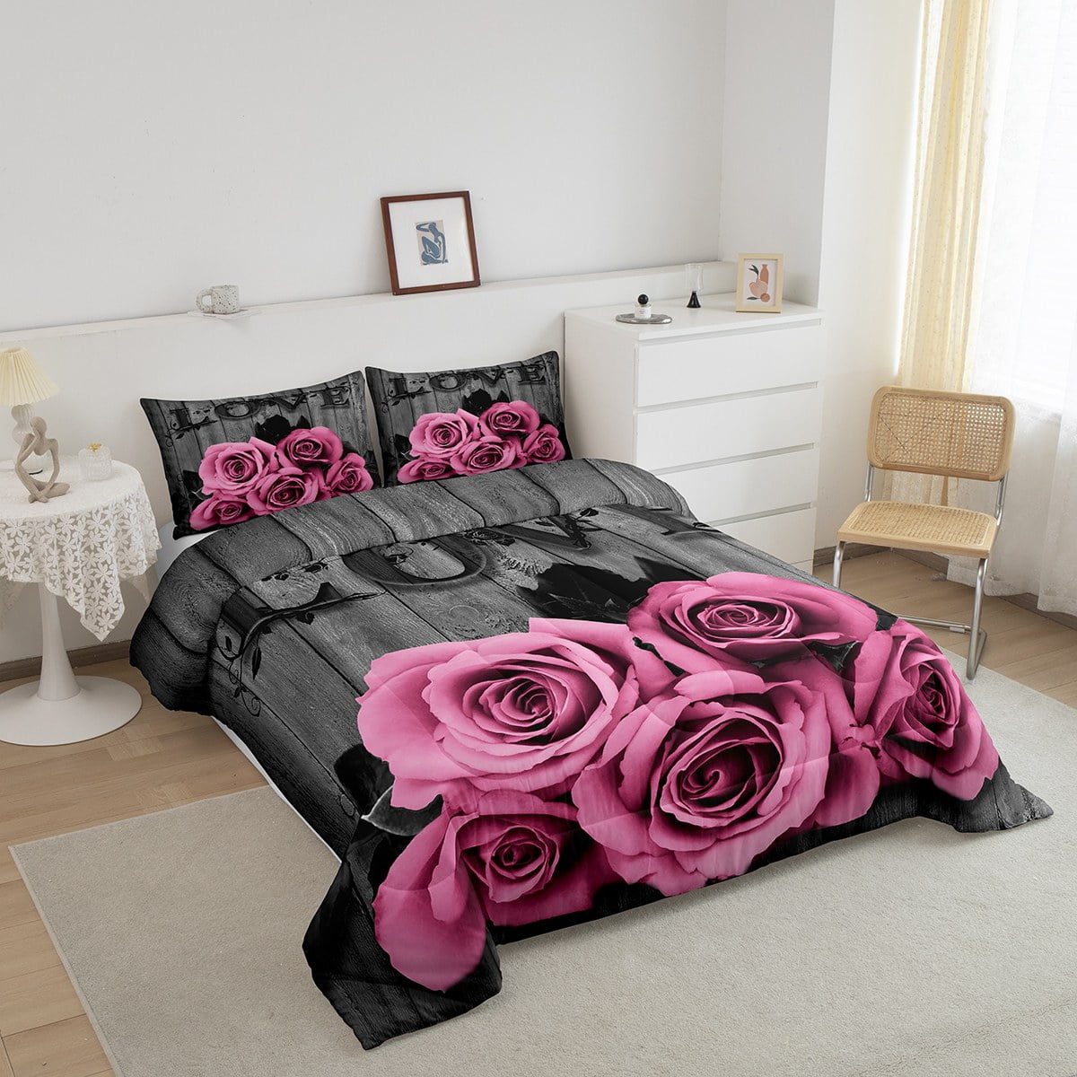 Erosebridal Pink Rose Bedding Set Queen Pink Grey Floral Comforter Set Valentine'S Day Wedding Bed Comforter Gifts Teen Women,Blossom Flower Quilt Duvet Rustic Farmhouse Room Decor 3 Pcs